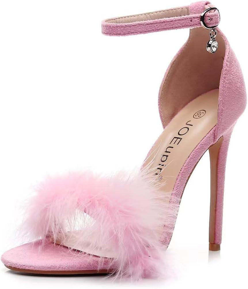 JOEupin Women's Fluffy Marabou Feather High Heels Strappy Heeled Sandals with Fur | Amazon (US)