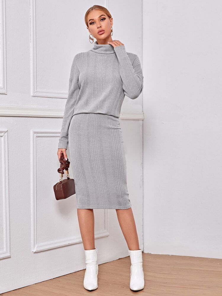 SHEIN Rolled Neck Drop Shoulder Sweater and Knit Skirt Set | SHEIN
