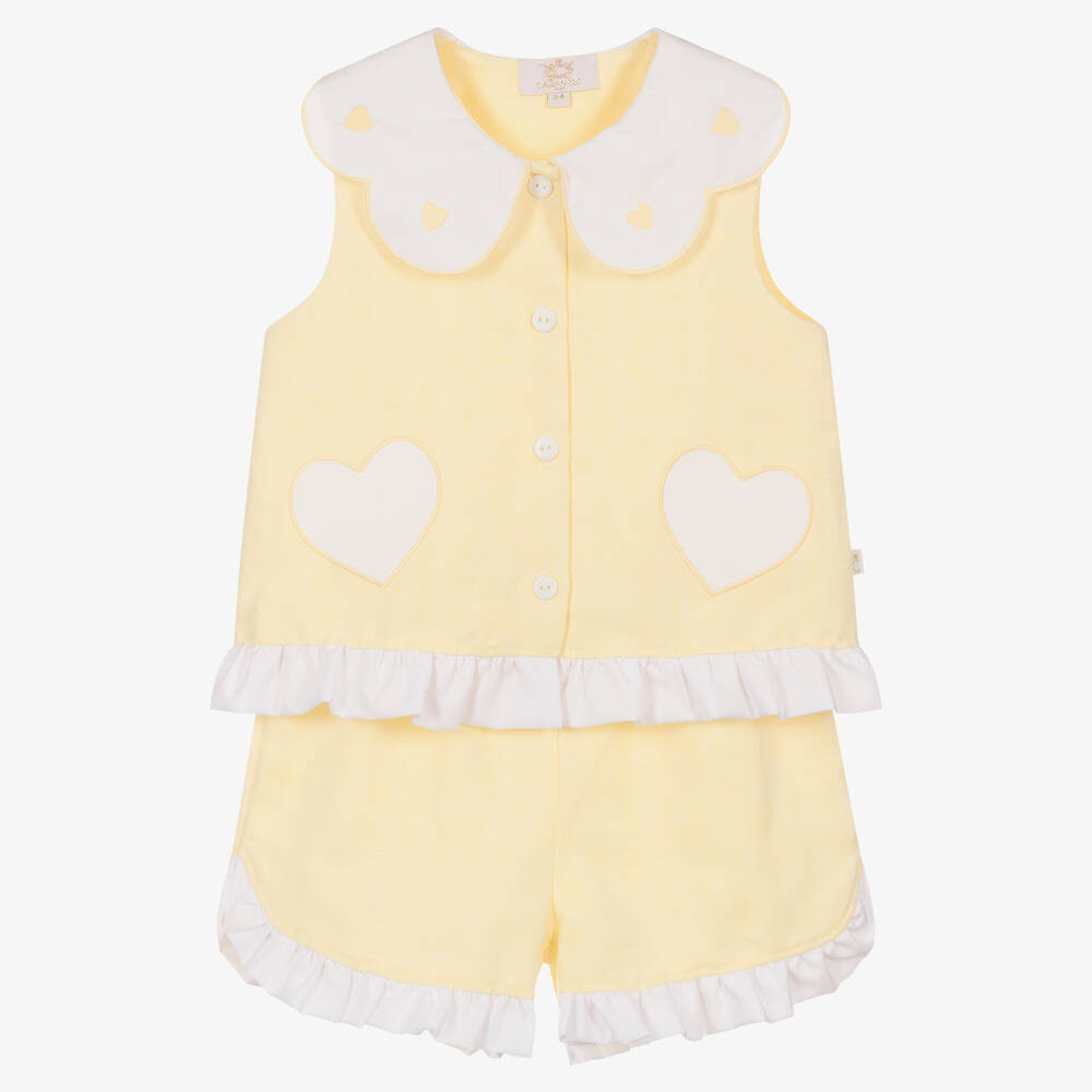 Girls Yellow Cotton & Linen Shorts Set | Childrensalon