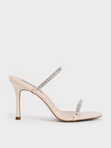 Cream Ambrosia Patent Gem-Embellished Heeled Mules | CHARLES & KEITH | Charles & Keith CA