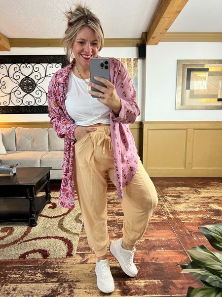 Travel outfit, airport outfit, lounge outfit, jogger pants (xl), cropped twist front tank, (xl) oversized free people look a like button up blouse (1x), platform sneakers 👟 

#LTKcurves #LTKtravel #LTKFind