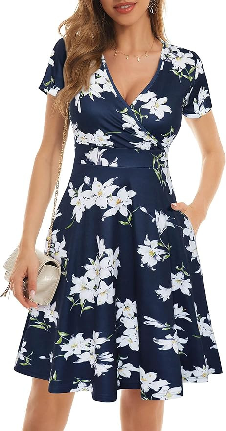 MSBASIC Womens Short Sleeve Wrap V Neck Summer Casual Midi Dress with Pockets | Amazon (US)