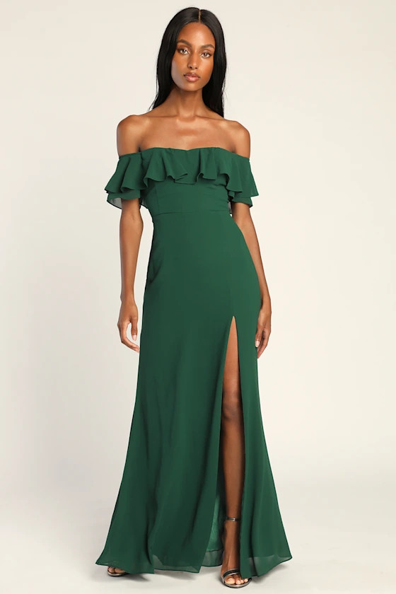 Enchanting Endeavor Green Ruffled Off-the-Shoulder Maxi Dress | Lulus (US)