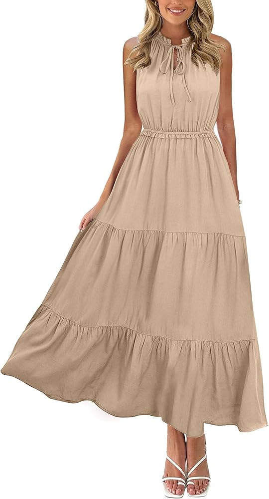 KIRUNDO Women's 2024 Summer Casual Sleeveless Maxi Dress Solid Tie Crew Neck Ruffle A-Line High W... | Amazon (US)