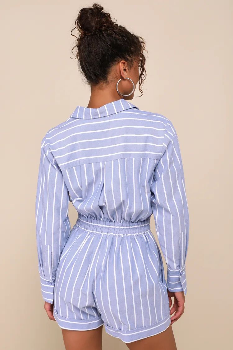 Charming Weekend Blue Striped Collared Long Sleeve Romper | Lulus