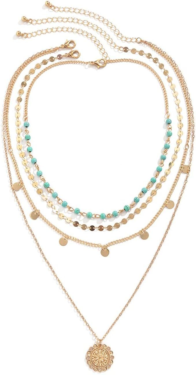 Hermoli Boho Choker Women Necklace Gold Turquoise Coin Pendant Layered Necklaces Chain Glitter Bo... | Amazon (US)
