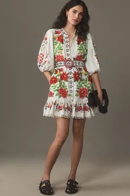 Farm Rio Carmina Short-Sleeve Embroidered Floral Mini Dres | Anthropologie (US)