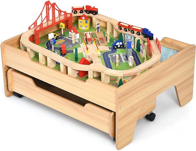 Costzon Train Table with 100 Multicolor Pieces, Wooden Kids Activity Table with Large Rolling Sto... | Amazon (US)
