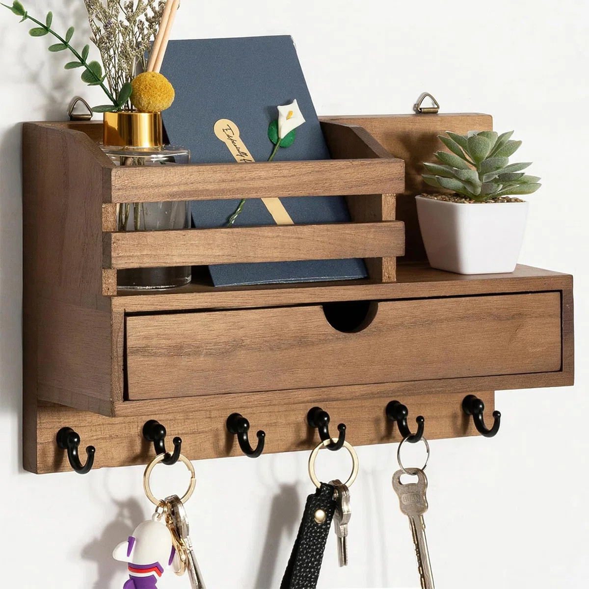 Wooden Wall Mount Key & Mail Holder with 6 Hooks - Entryway Organizer with Storage Drawer & Shelf... | Wayfair North America