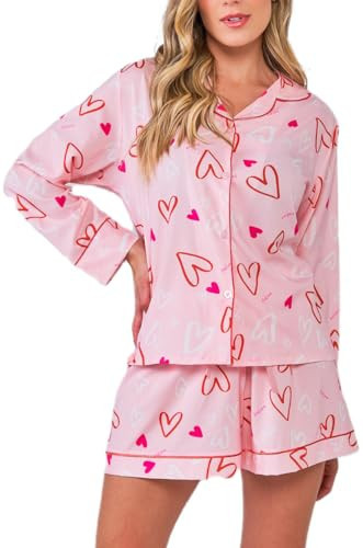 Yiulangde Womens Valentines Day Pajamas Cute Heart Matching Pj Set Silk Long Sleeve Button Down Sexy Shirts Y2k 2 Piece Shorts Pajama Sets | Amazon (US)