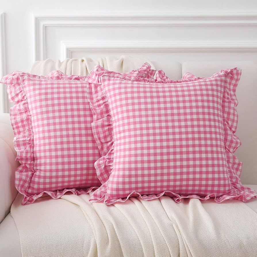 2 Pack Pink White Plaid Ruffle Gingham Throw Pillow Covers 18x18 inches, 100% Washed Cotton Buffalo Checkered Farmhouse Pillow Shams (18x18 inches,Pink/White Plaid) | Amazon (US)