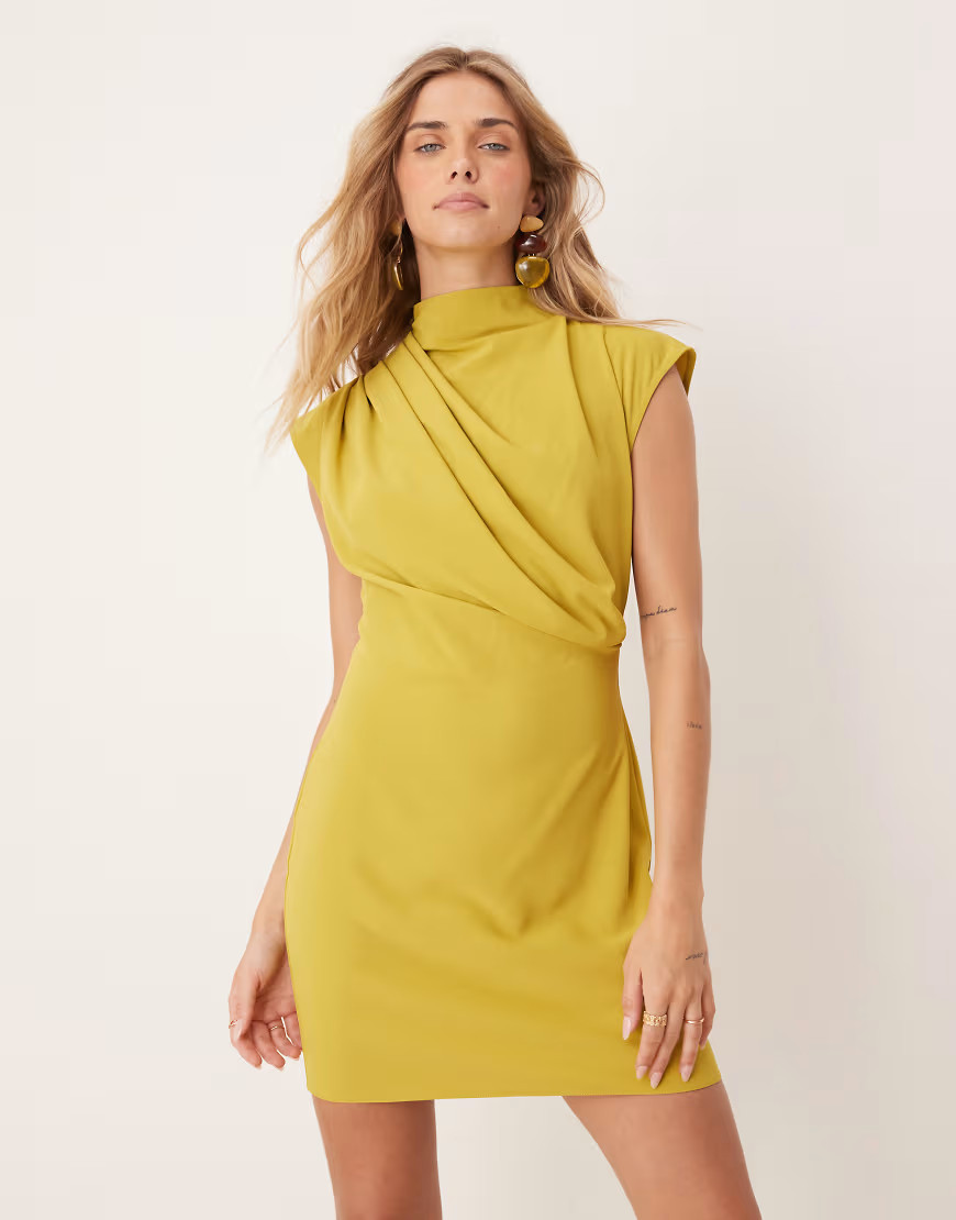 ASOS DESIGN high neck sleeveless mini dress with draped neck in gold | ASOS (Global)