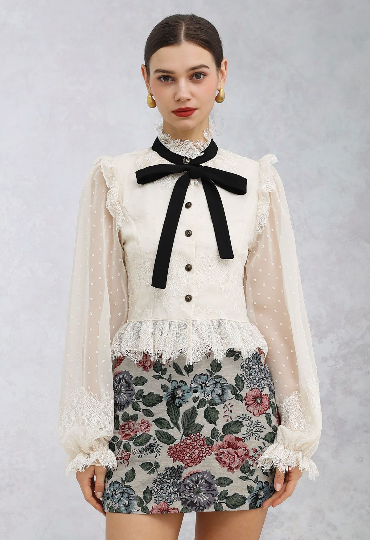 Flock Dot Lace Trim Bubble Sleeve Crop Top | Chicwish