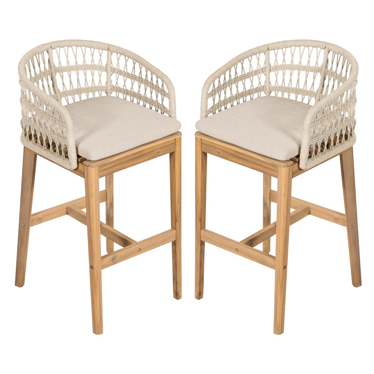 Holtzclaw 29'' Teak Finish Outdoor Wood Bar Stools With Rope Back And Beige Cushions (Set of 2) | Wayfair North America