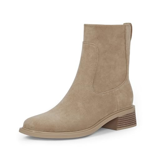 QIY Nude Boots for Women Ankle Booties Tan Suede Ankle Boots Block Chunky Nude Suede Square Toe Low Heel Flat Fall Gogo Booties Size 9.5 | Amazon (US)
