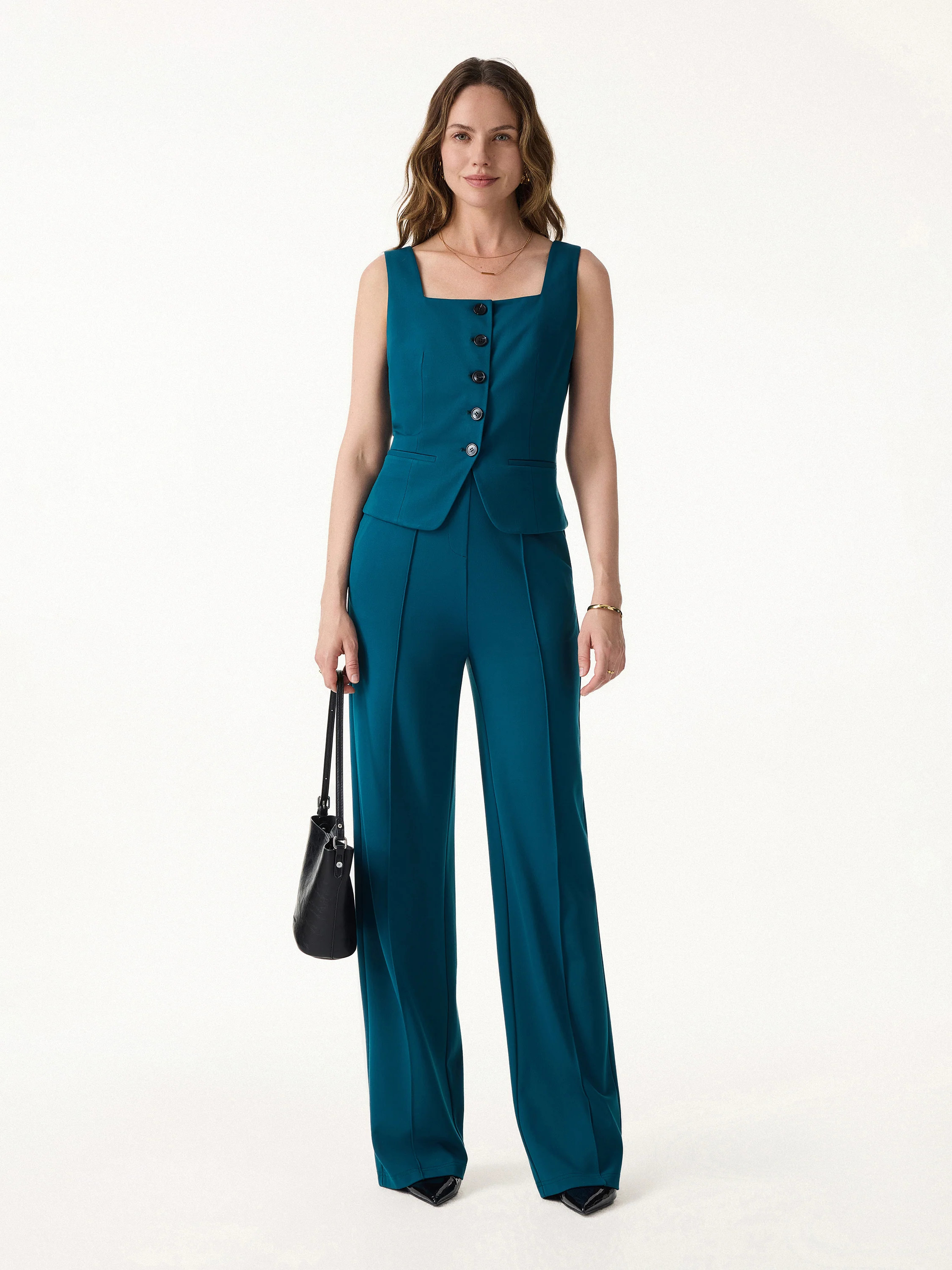 2Pcs Set Square Neck Waistcoat with Pockets & Wide Leg Ankled Pant | OGLmove