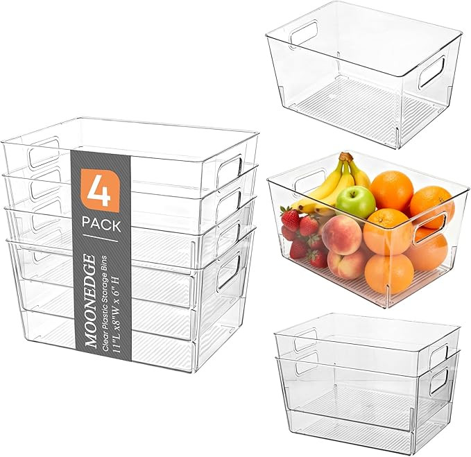 MOONEDGE Large Clear Plastic Storage Bins 4 Pack, 12" x 8" x 6" Stackable & Durable Organizers fo... | Amazon (US)