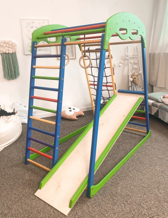 Indoor Playground Climber with Slider for Kids, Slide Swing set, Wooden Indoor Play Jungle Gyms f... | Etsy (US)