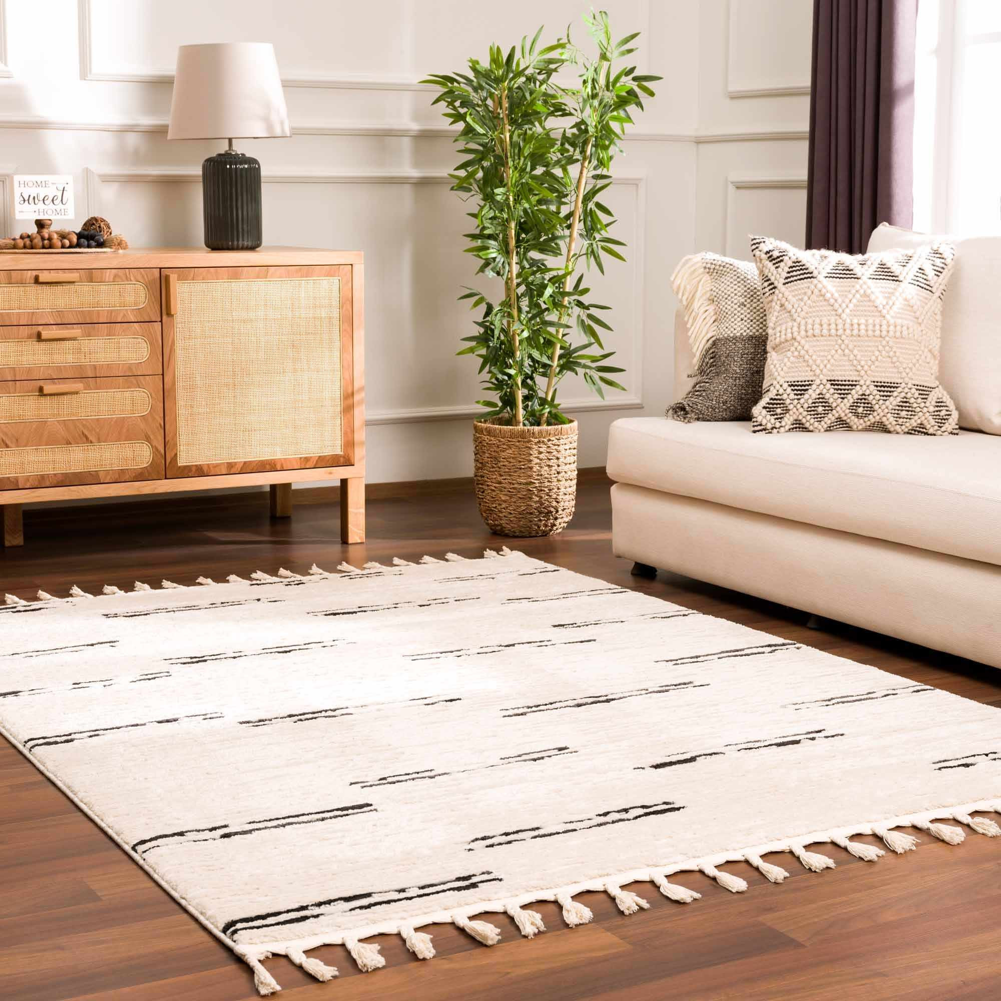 Riad Black Striped White Area Rug with tassels | Boutique Rugs