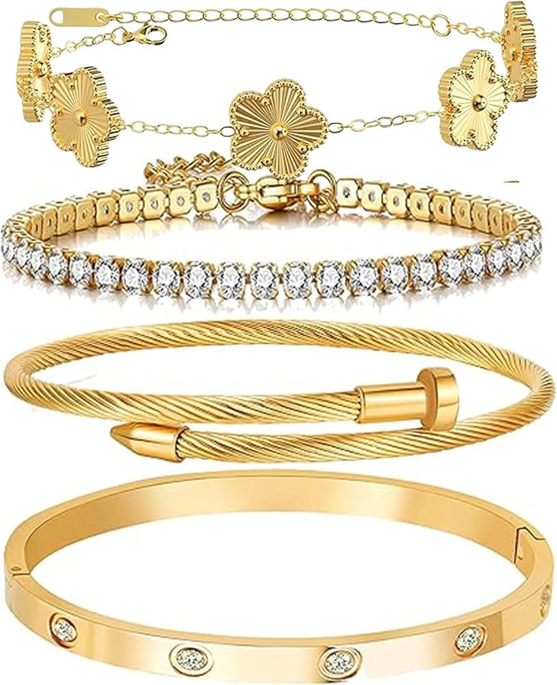 Lamdo 18K Gold Plated Womens Stackable Floral Gold Clover Bracelets Set Love Bangle Bracelets Non... | Amazon (US)