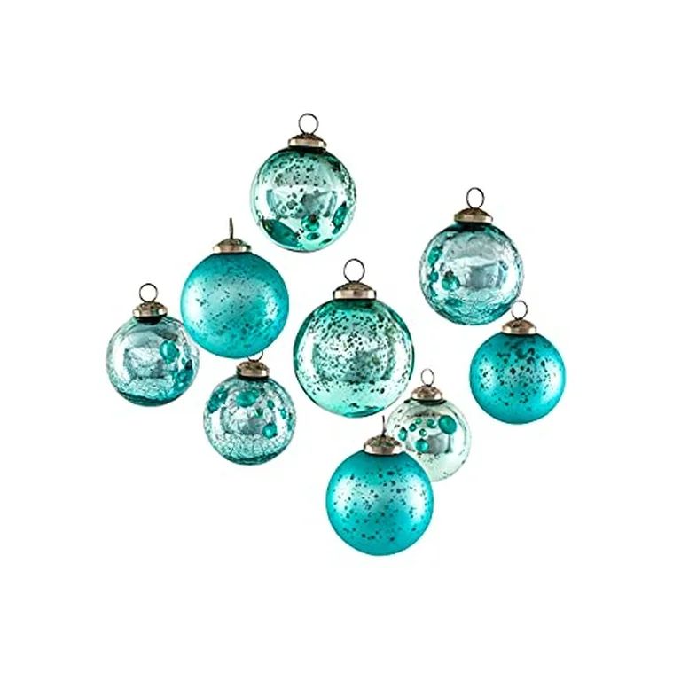 Serene Spaces Living Set of 9 Assorted Teal Glass Ball Ornaments for Christmas Tree, Holiday Deco... | Walmart (US)