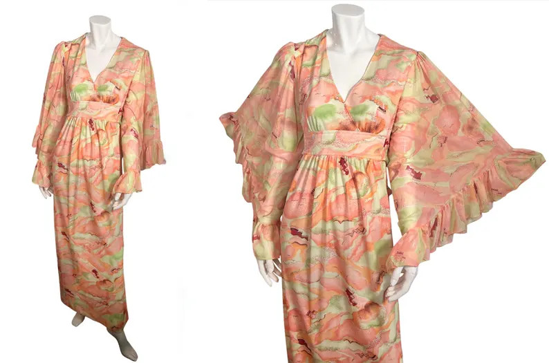 Vintage 70s Angel Sleeve Novelty Castle Print Maxi Dress Sz 14 Volup Plus Festival Gown - Etsy | Etsy (US)