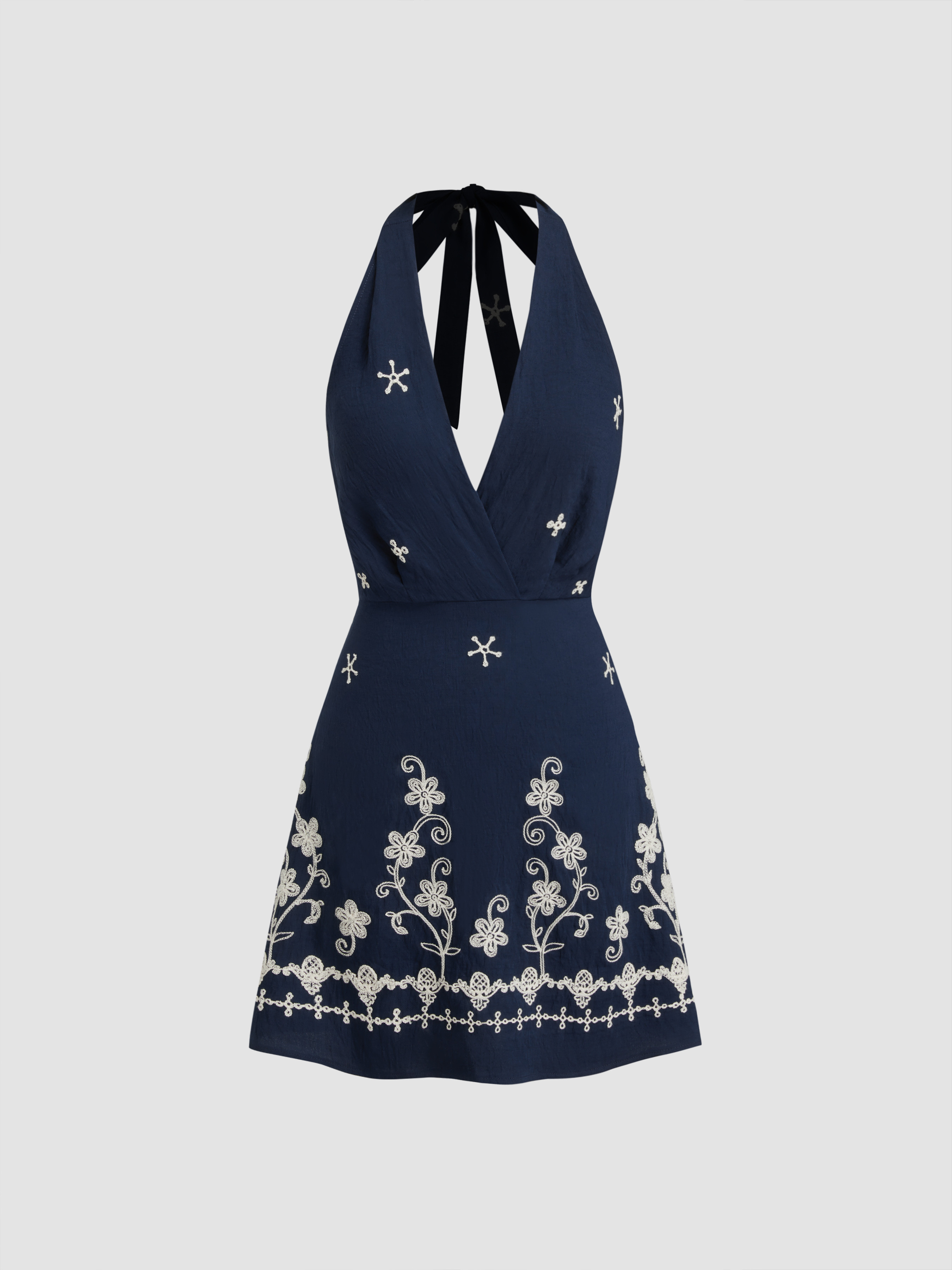 Woven Halter V-Neck Floral Knotted Embroidery Mini Dress For Daily Casual | Cider