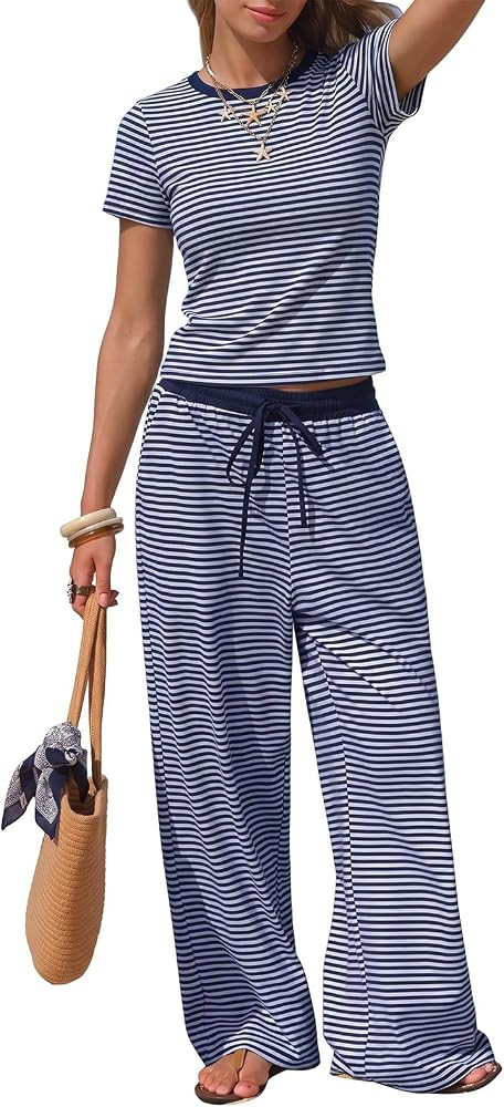 EXLURA Women Cotton Summer 2 Piece Matching Pants Lounge Sets Travel Outfit | Amazon (US)