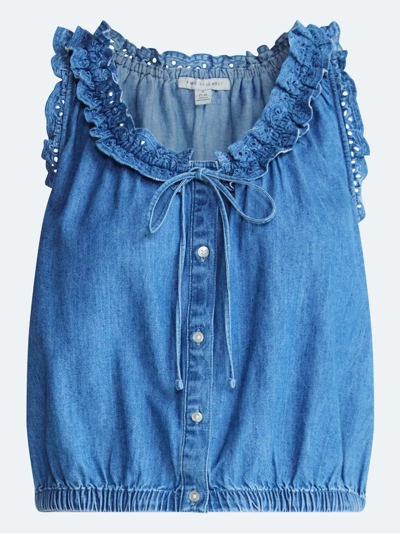 Free Assembly Eyelet Ruffle Sleeveless Chambray Top, Sizes XS-XL | Walmart (US)