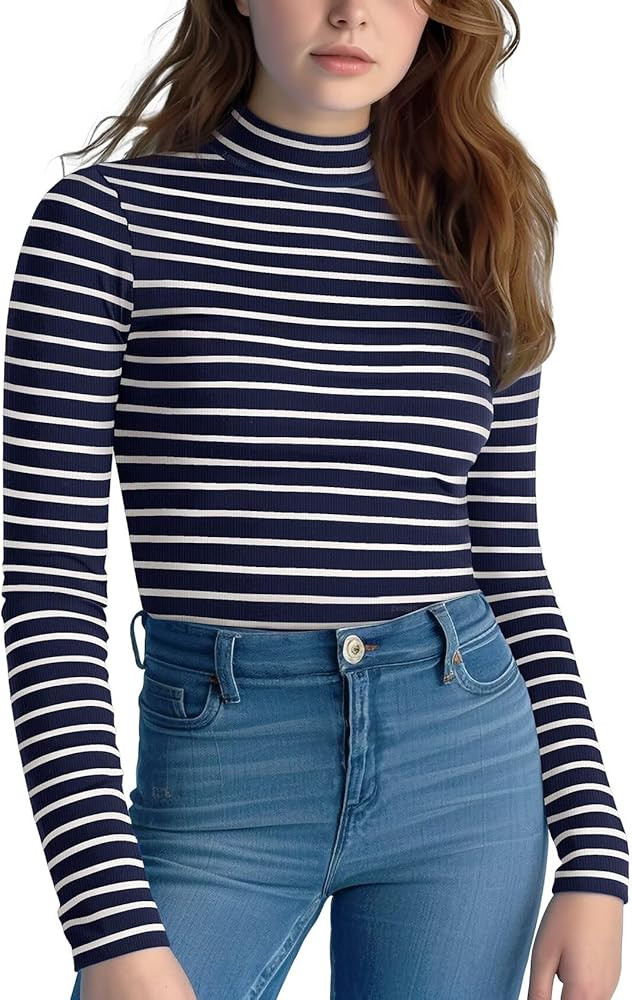 Zengjo Striped Turtleneck Women Long Sleeve Shirt - Fitted Ribbed Mock Neck Basic Layering Unders... | Amazon (US)