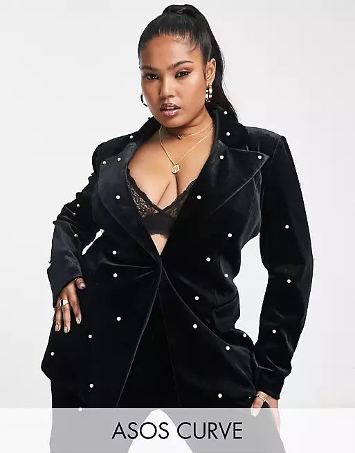 ASOS LUXE Curve pearl velvet suit fitted blazer in black - part of a set | ASOS (Global)
