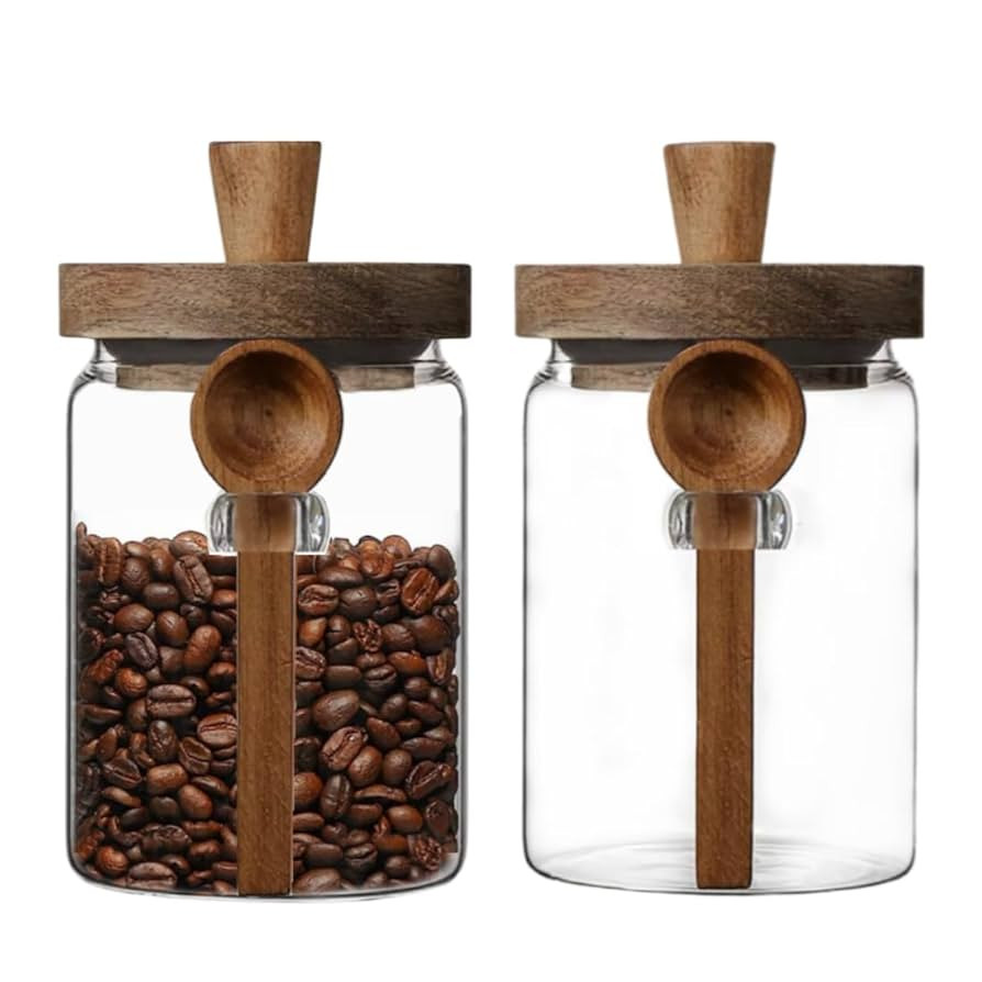 ANSQU Set of 2 Glass Food Storage Jars with Bamboo Wood Lid and Spoon, 20.3oz Glass Kitchen Canis... | Amazon (US)