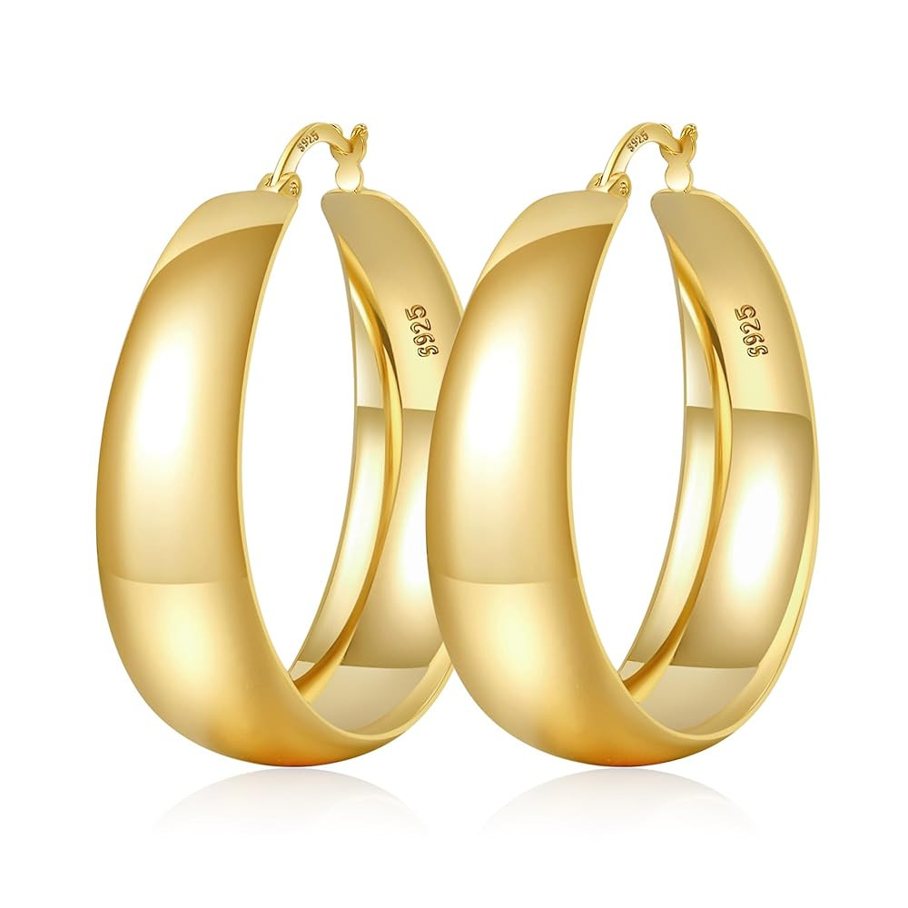EXGOX Gold Hoop Earrings for Women Sterling Silver Post Hoops Earrings for Women Wide Thick Silve... | Amazon (US)