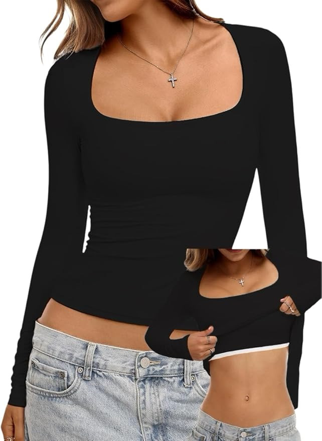 Danysu Double Lined Long Sleeve Tops with Built in Bra for Women Square Neck Basic Slim Crop Fall... | Amazon (US)