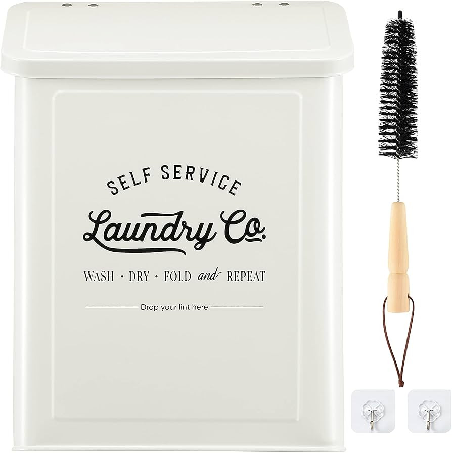Magnetic Lint Bin for Laundry Room, Metal Trash Can with Lid for Dryer, Farmhouse Lint Holder, Laundry Co Sign, Laundry Room Storage Decor with Dryer Lint Brush(White) | Amazon (US)