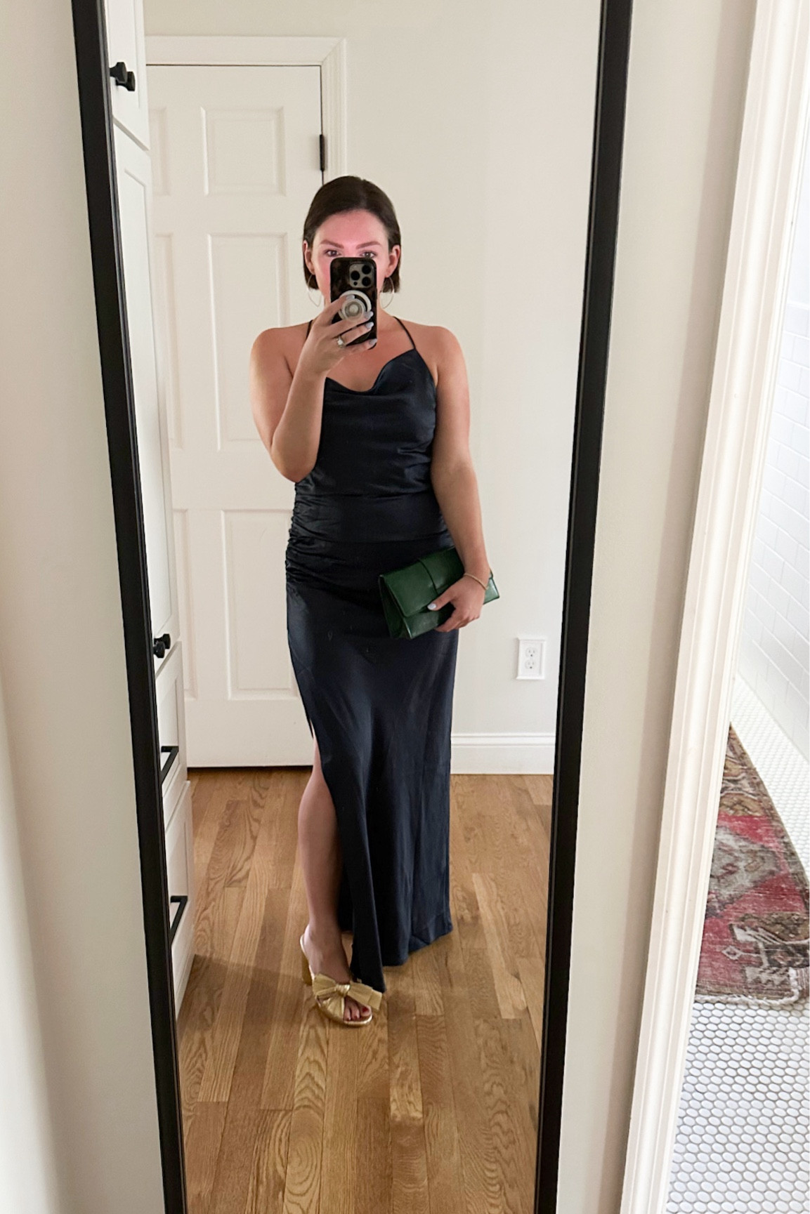 wore this ruched navy satin dress to a gala & it was perfect! paired with gold heels that look like loeffler Randall but less than $50 & comfy 