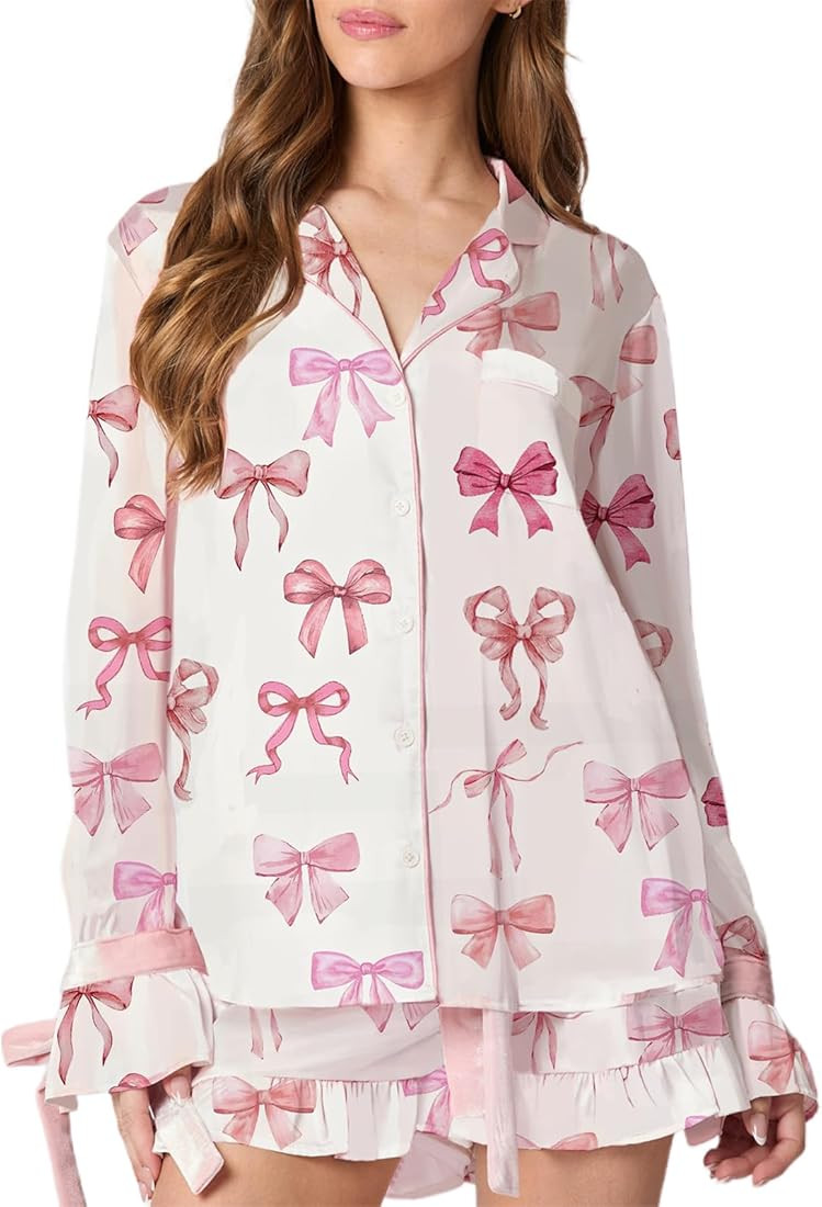 Argeousgor Valentine's Day Pajamas for Women Bow Tie Long Sleeve Shirt Ruffe Shorts Satin Heart 2... | Amazon (US)