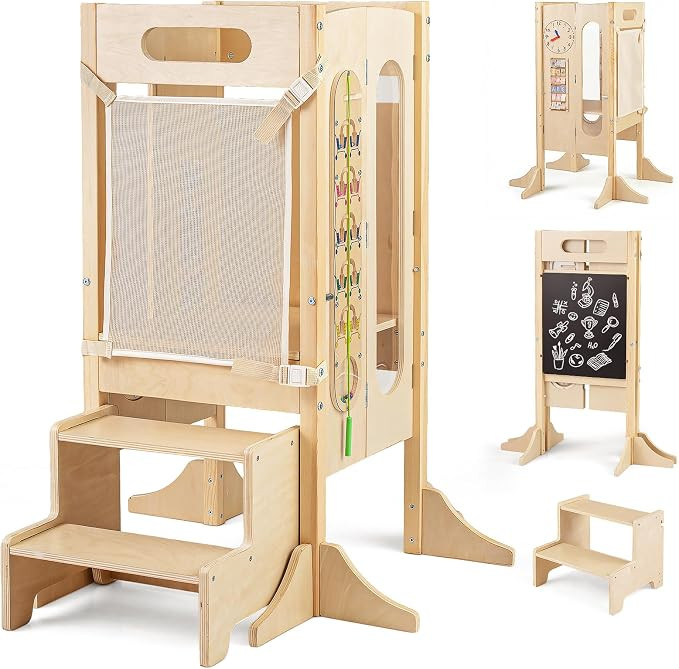 OLAKIDS Toddler Tower Foldable, 4-in-1 Wooden Standing Tower with 2 Step Stool, Chalkboard, Monte... | Amazon (US)