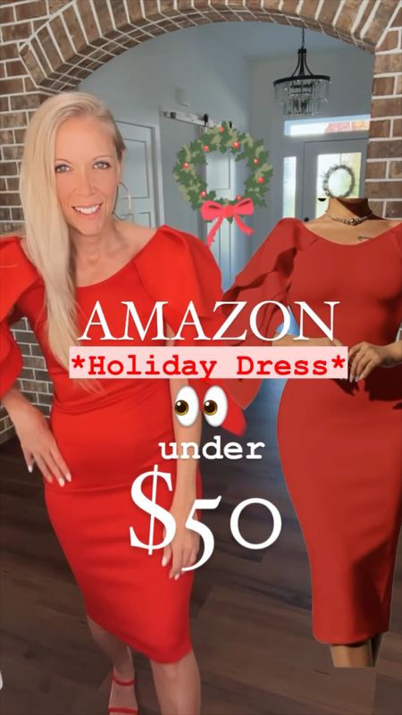 Sizing:  ♥️this red holiday dress with ruffle sleeves fits true to size.  I love that it is a true tank dress with gorgeous ruffles that hang down over the shoulders, which makes it super easy to move and dance in (which is most important😀💃). I am wearing size small.

Women’s Elegant Ruffle Off The Shoulder Dress Statement Dress • evening dress • Christmas outfit inspo • Christmas party dress • red dress • ruffle dress • holiday outfit inspo • ball gown • festive fashion • red holiday dress 

#LTKHoliday #LTKwedding #LTKfindsunder50