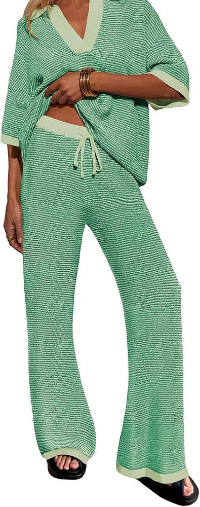 Womens 2 Piece Outfits Set Oversized 3/4 Sleeve V Neck Knit Tops Drawstring High Waisted Pants Lo... | Amazon (US)