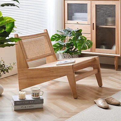 Japandi Walnut Rattan and Wood Lounge Chair Accent Chair for Living Room | Homary | Homary