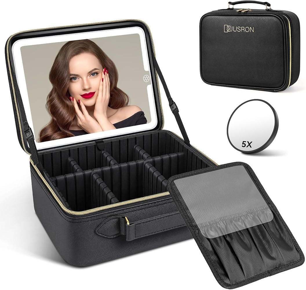 JUSRON Travel Makeup Bag Cosmetic Bag Makeup Organizer Bag with Lighted Mirror 3 Color Scenarios ... | Amazon (US)