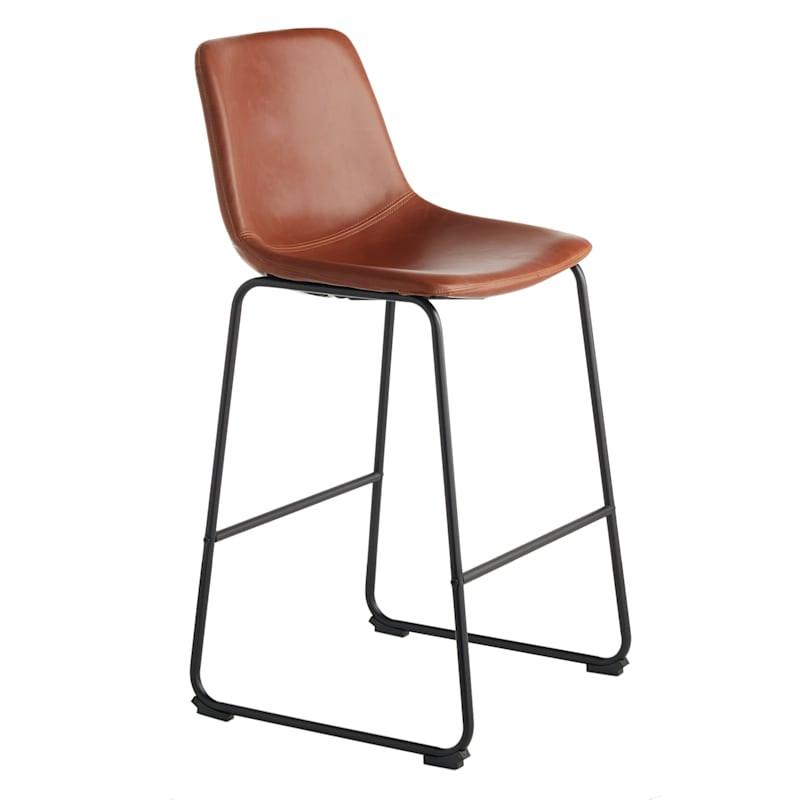 Drake Modern Industrial Faux Leather Counter Stool, Cognac | At Home