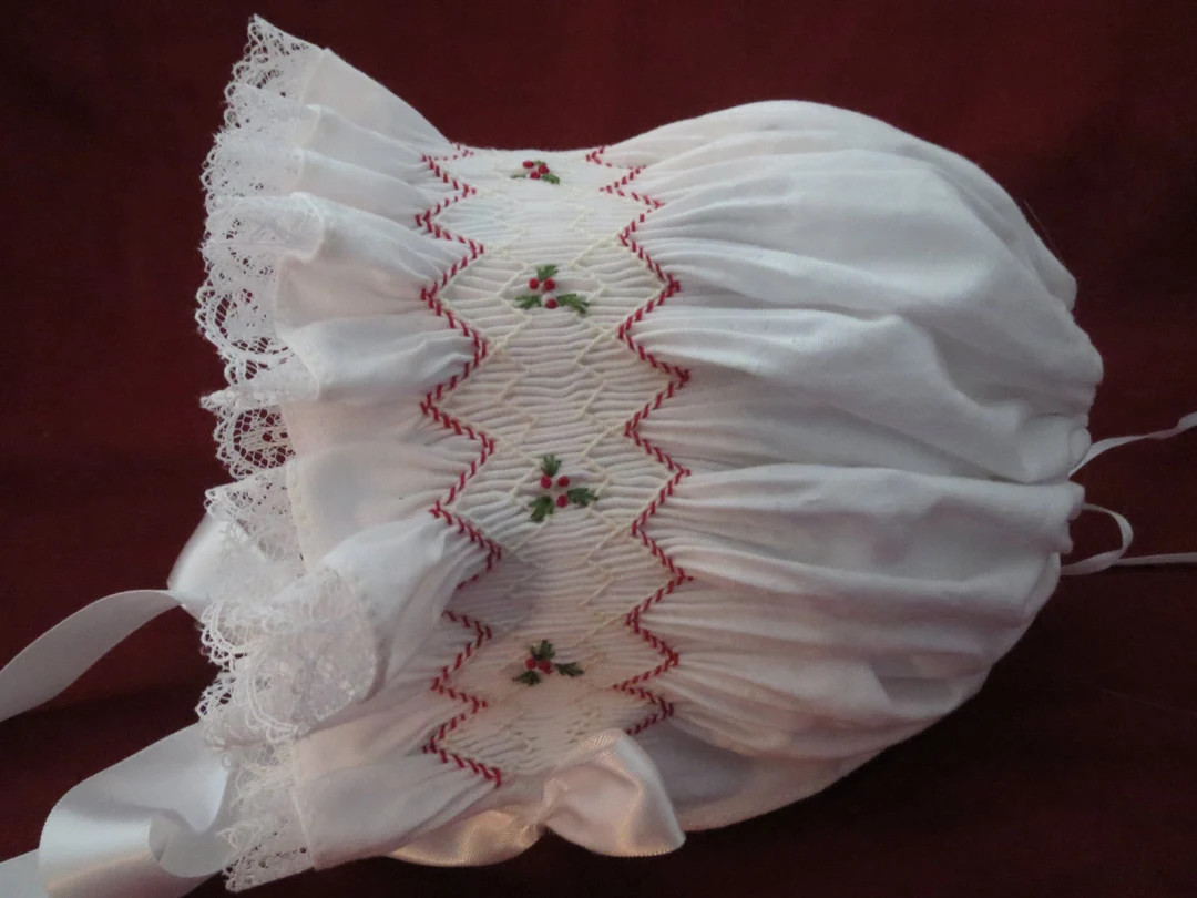 Adorable Christmas Hand Smocked Baby Girl Bonnet. Red and White. Holly Embroidery. | Etsy (US)
