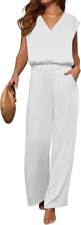 ANRABESS Women Summer 2 Piece Outfits, V-Neck Top and Wide Leg Pants Set, Comfy All-Day Wear for ... | Amazon (US)