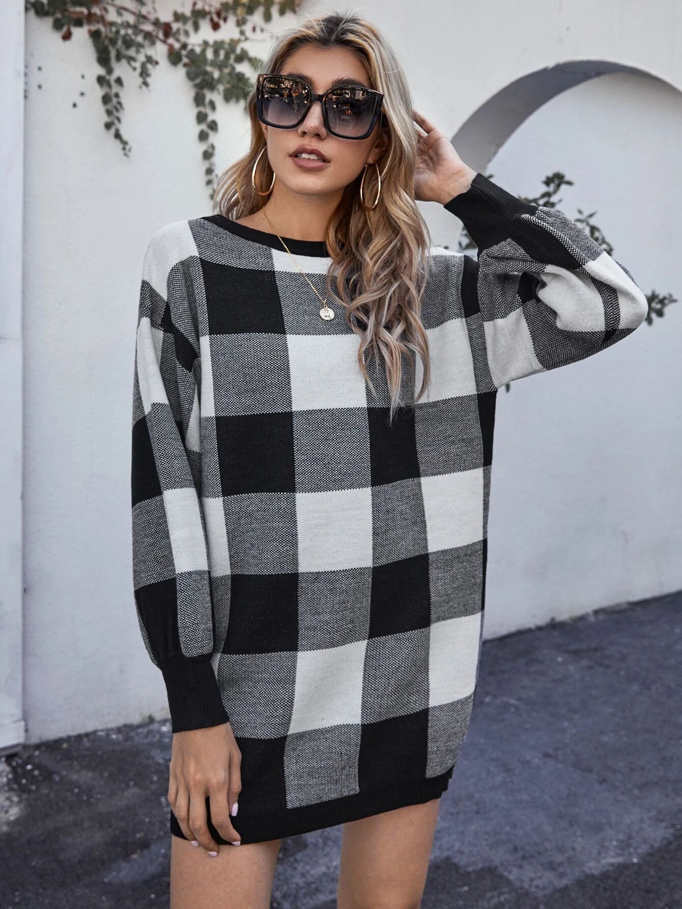 Drop Shoulder Buffalo Plaid Sweater Dress | SHEIN