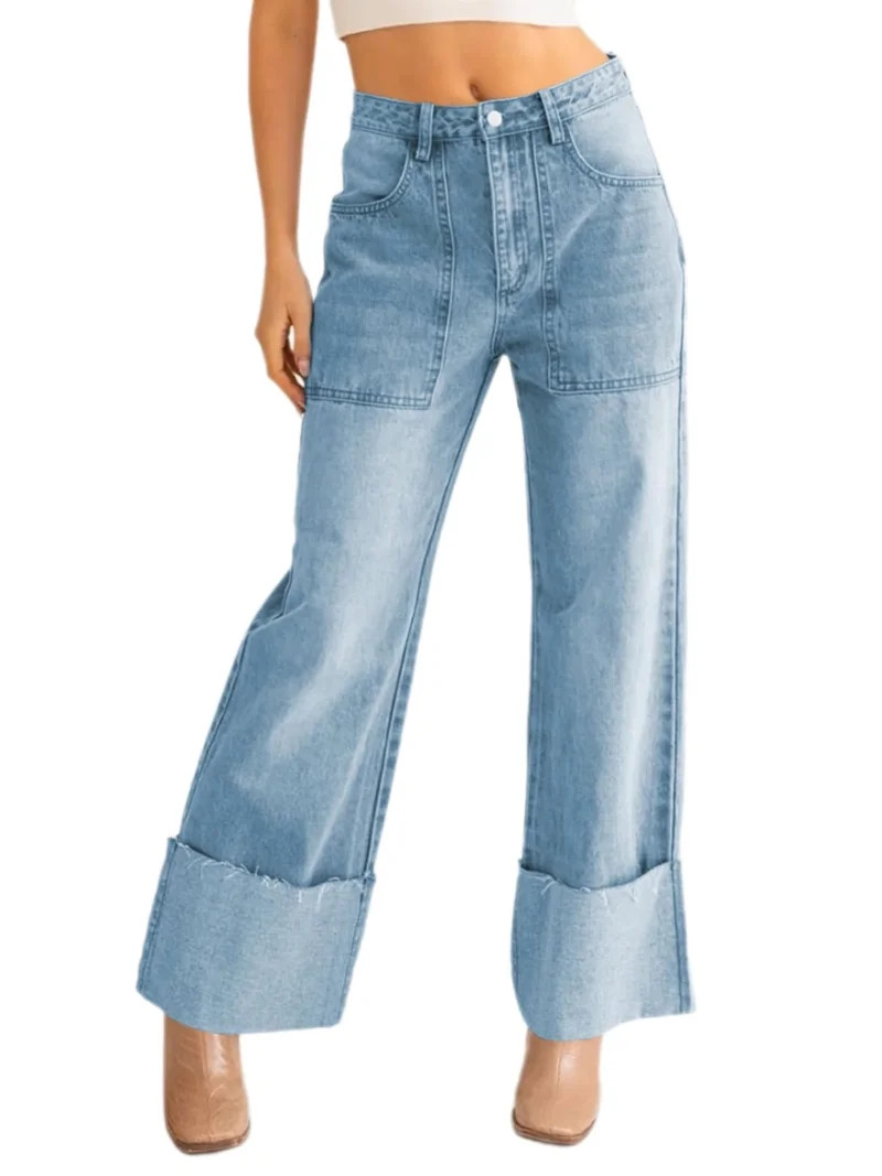 Middle Waist Women Straight Leg Jeans Baggy Cuffed Denim Pants with Pockets | Walmart (US)