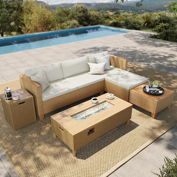 HERA'S HOUSE Small Patio Furniture Set with Fire Pit Table, 5 Pieces 4 Seats Wicker Outdoor Secti... | Amazon (US)
