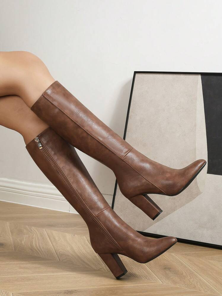 Match With Pants, 2024 Winter New Chain Decor Thigh High Boots For Women, Thick Heel, Buckle, Pointed Toe, Slim Fit Over The Knee Boots Match Leggings,Brown Boots | SHEIN