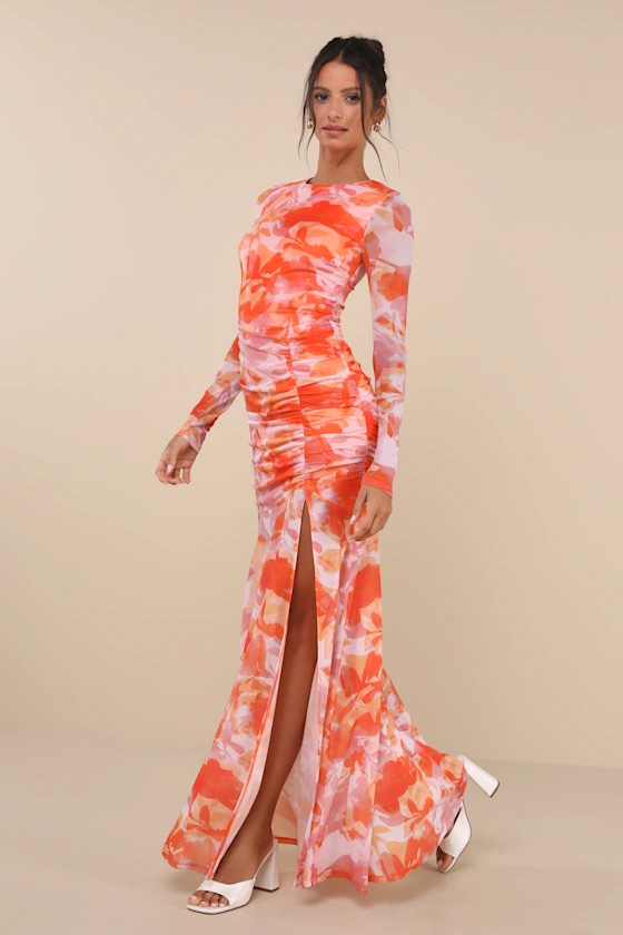 Vibrant Poise Orange Abstract Print Mesh Ruched Maxi Dress | Lulus